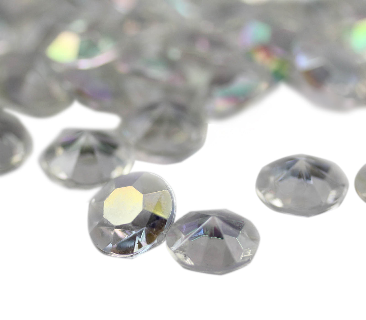 crystal clear ab round acrylic diamonds wedding plastic décor gems confetti table scatter aquarium jewels stones iridescent party stones special occasions bridal showers sparkling decorations vase fillers centerpieces dazzle accent floral arrangements point back gemstones allstarco diy crafts crafting