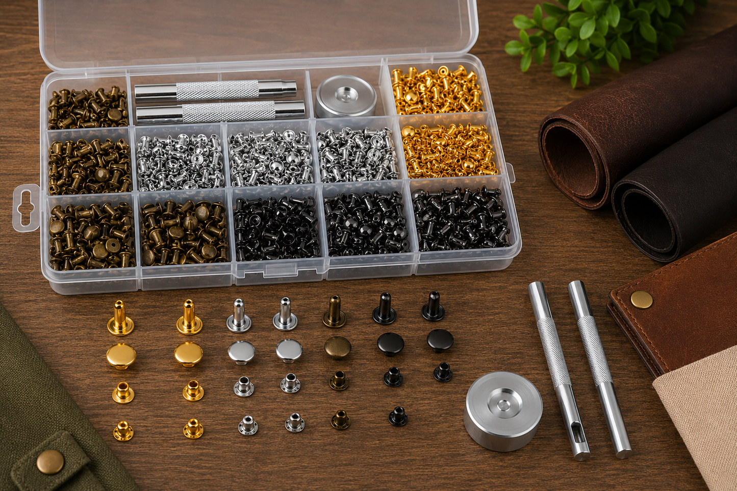 480 Sets Double Cap Rivets Kit with Tools – 4 Colors & 3 Styles Metal Leather Rivets for Fabric, Bags, Shoes, Belts, DIY Crafts, Repair