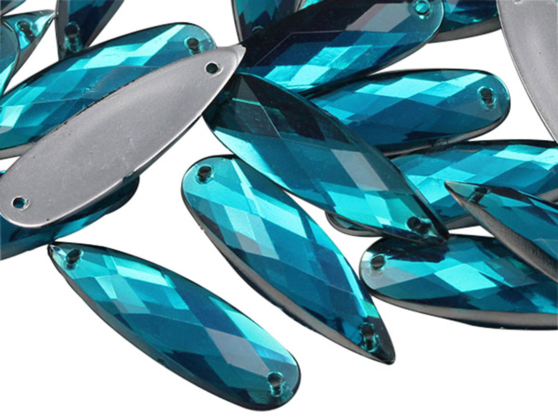 Gemas alargadas para coser en forma de lágrima de color azul aguamarina (28 x 28 mm), 30 unidades