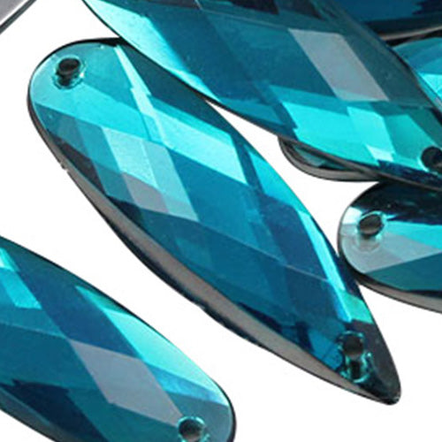 Gemas alargadas para coser en forma de lágrima de color azul aguamarina (28 x 28 mm), 30 unidades