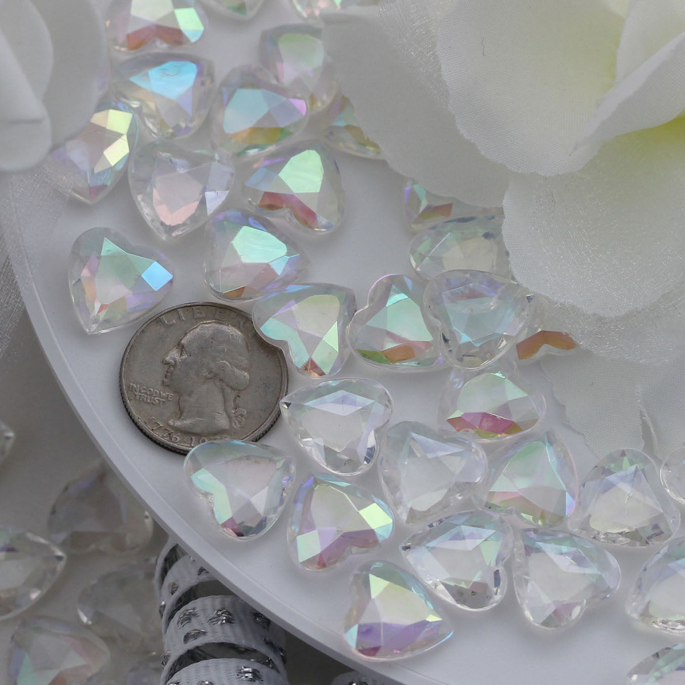 crystal clear ab heart acrylic diamonds wedding plastic décor gems confetti table scatter aquarium jewels stones iridescent party stones special occasions bridal showers sparkling decorations vase fillers centerpieces dazzle accent floral arrangements point back gemstones allstarco diy crafts crafting