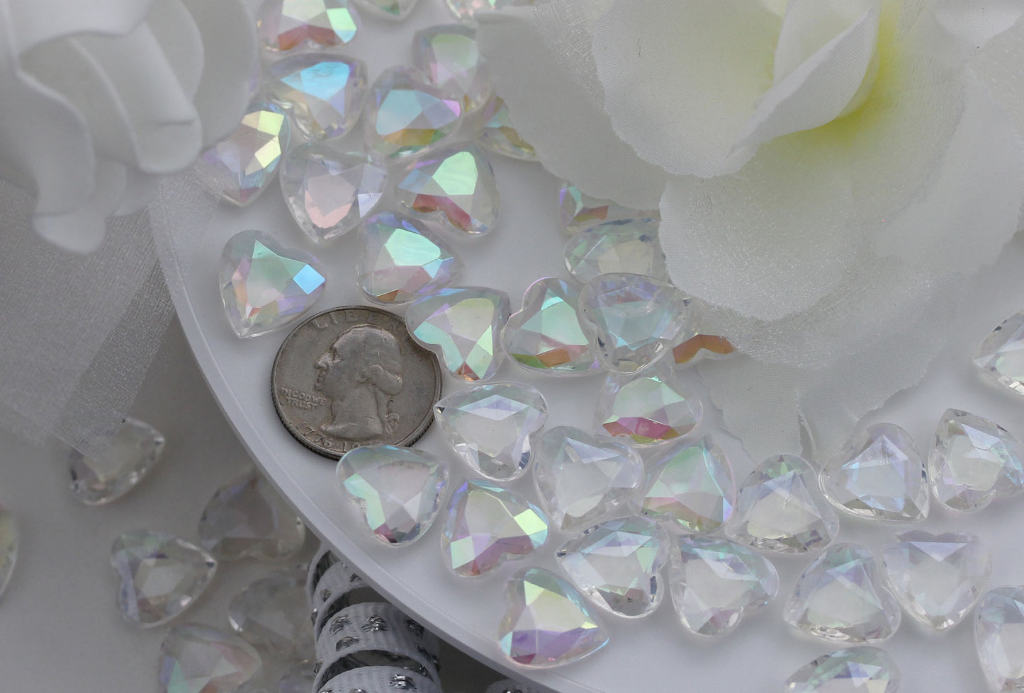 crystal clear ab heart acrylic diamonds wedding plastic décor gems confetti table scatter aquarium jewels stones iridescent party stones special occasions bridal showers sparkling decorations vase fillers centerpieces dazzle accent floral arrangements point back gemstones allstarco diy crafts crafting