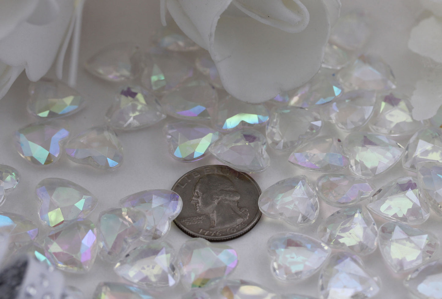 crystal clear ab heart acrylic diamonds wedding plastic décor gems confetti table scatter aquarium jewels stones iridescent party stones special occasions bridal showers sparkling decorations vase fillers centerpieces dazzle accent floral arrangements point back gemstones allstarco diy crafts crafting