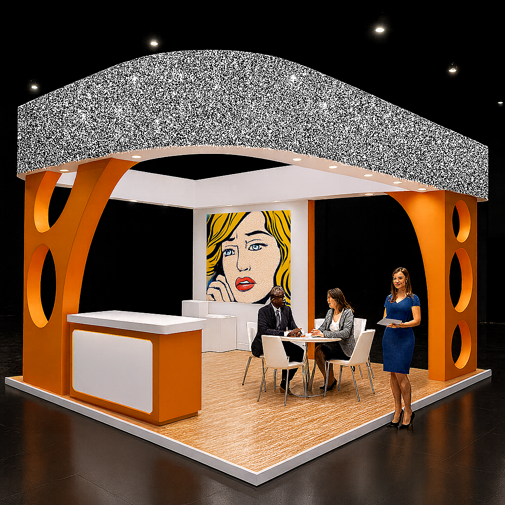 Rhinestone sheeting used on header of modern exhibition booth.