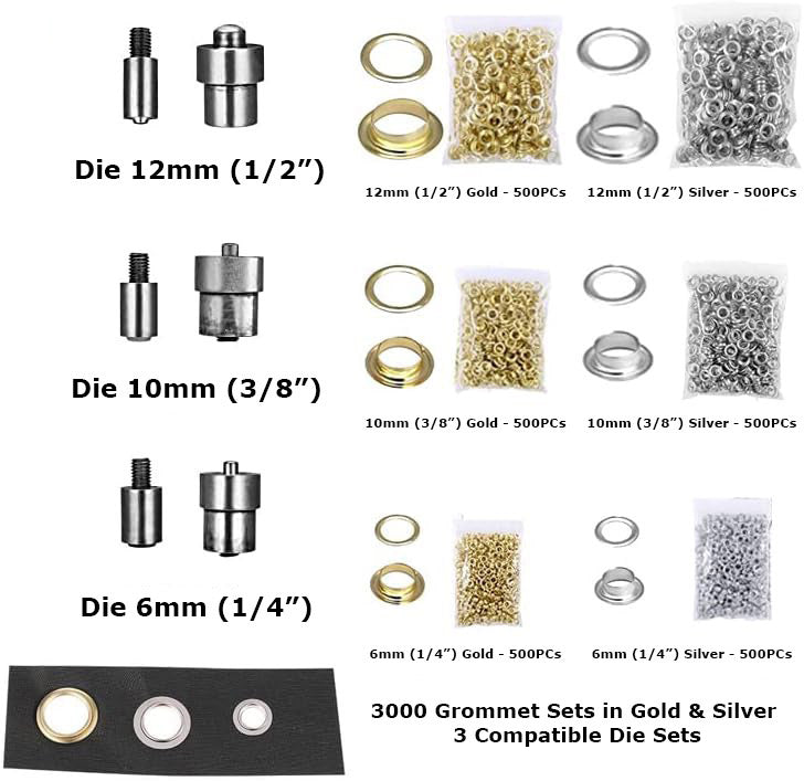 grommet starter setter kit gold and silver eyelets grommets stud setter gift christmas birthday artist creative daughter son girlfriend kit handpress hand press machine tool diy dies crafting garment making design designer gu50 non rusting brass decorative studs embellishments clothing making costume making diy crafts purses leathercraft leather work design allstarco handbags bracelets flipflops jackets denim cotton fabric decor embellish