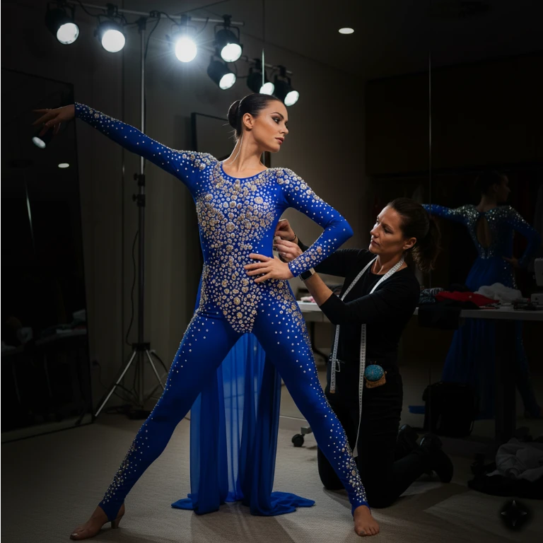 Model wearing a blue and silver sequined outfit with a person adjusting it backstage.