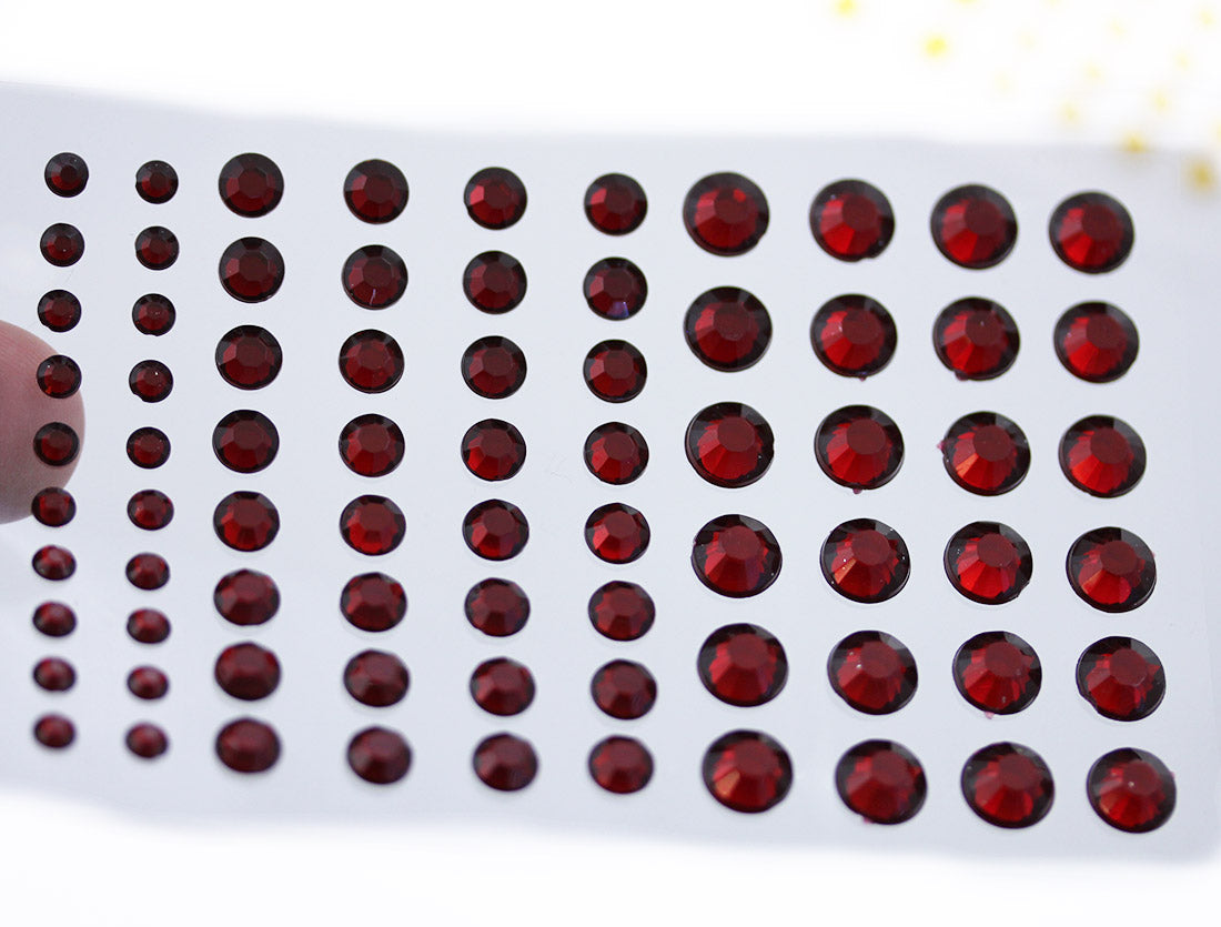 red ruby 3 sizes 4mm 6mm 8mm round sticky rhinestones stick on gems self adhesive jewels lead free face stones party cosplay face gemstones rhinestones card making invitations body jewels skin phone craft embellishments with glue sparkle crafting scrapbooking diy peel and stick halloween birthday wedding shinny allstarco plastic sticky back jewels stickon stick-on rave jewels diy flat back