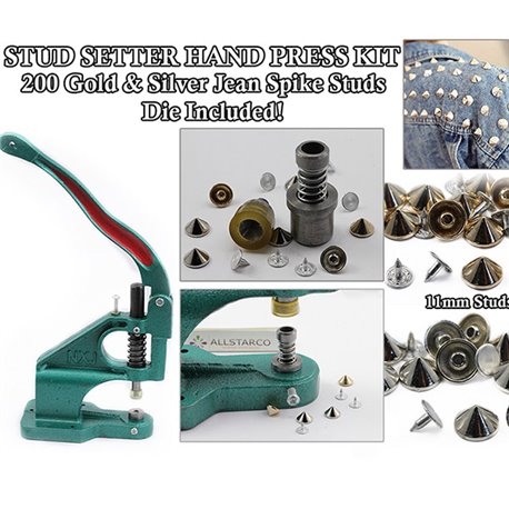 Hand Press Kit - Jean Stud Setter + 200 Gold & Silver Spike Jean Studs With Nails DIY Machine