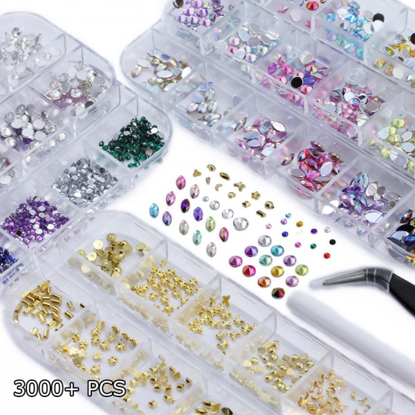 Over 3000 Pieces Flat Back Gems Nail Art Kit Assorted Shapes ...