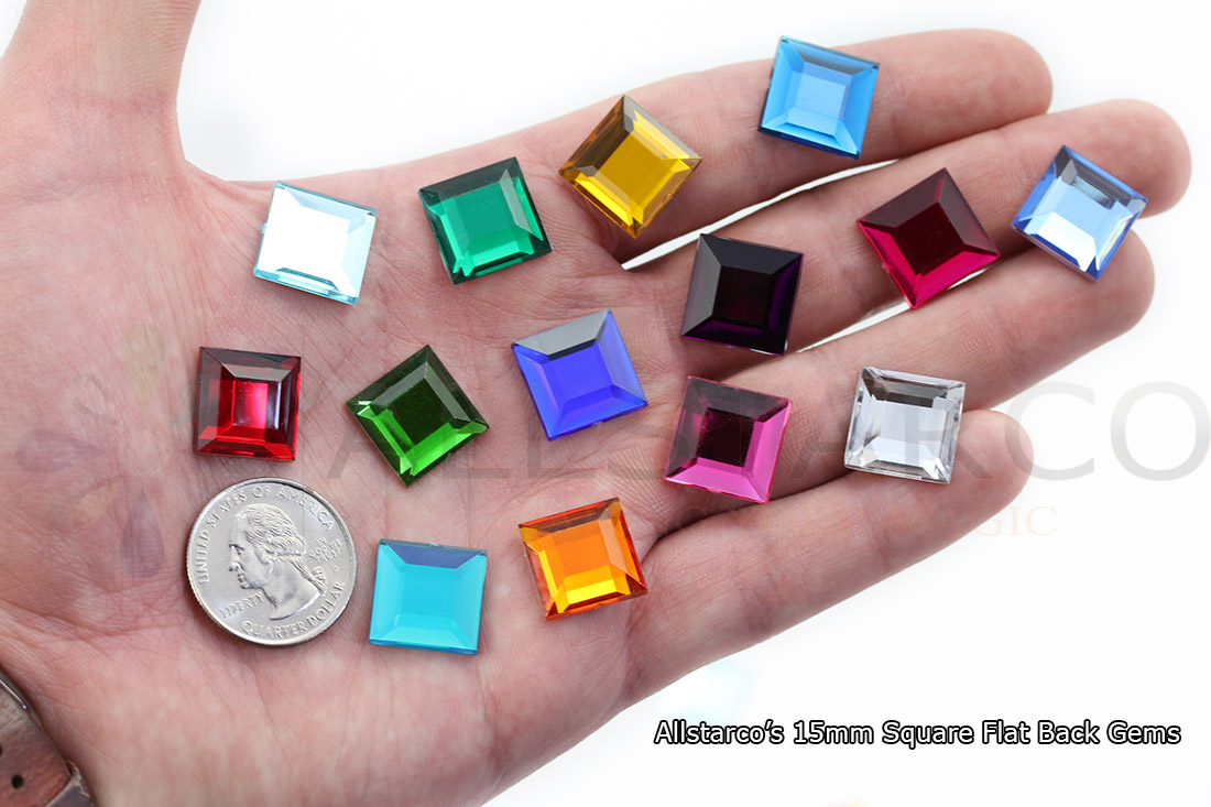 15mm square flat back acrylic rhinestones allstarco