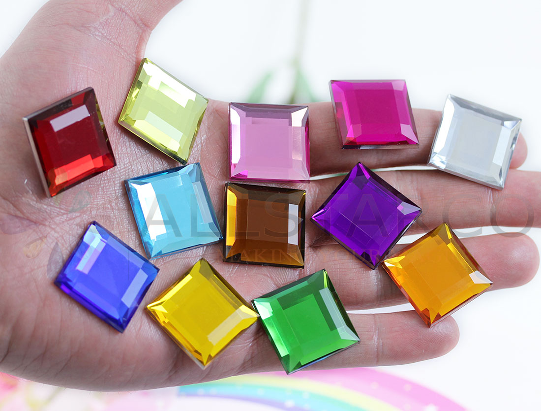 1 inch assorted colors  flat back square acrylic rhinestones gems flat back on a palm quarter allstarco