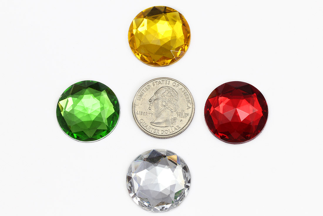 25mm acrylic round gems next to quarter