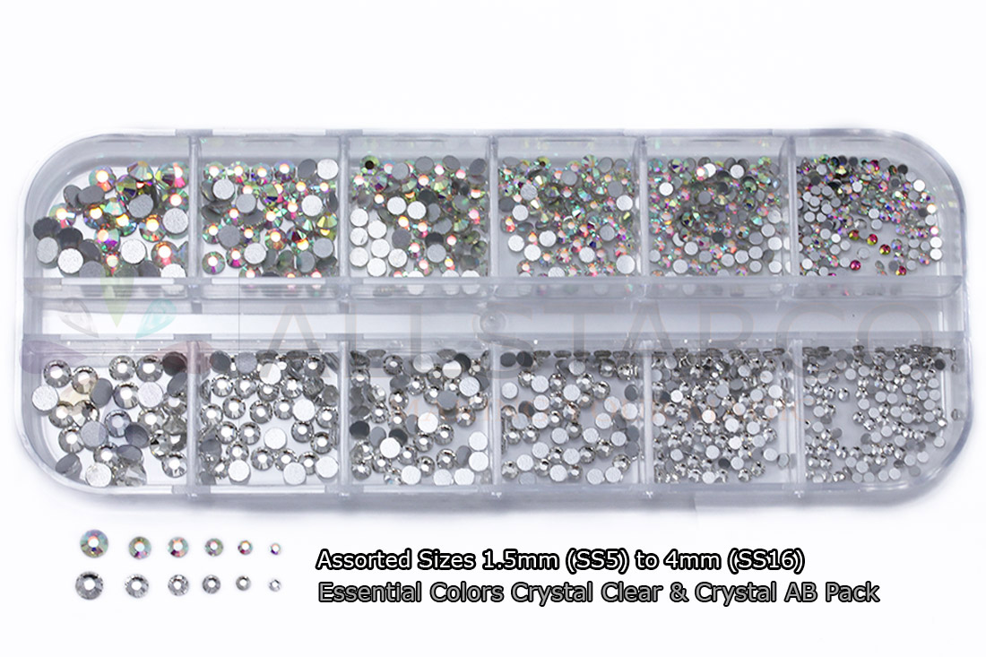 allstarco nail art kit assorted colors ab crystal clear rhinestones tiny gems crafts 1.5mm SS5 4mm SS16