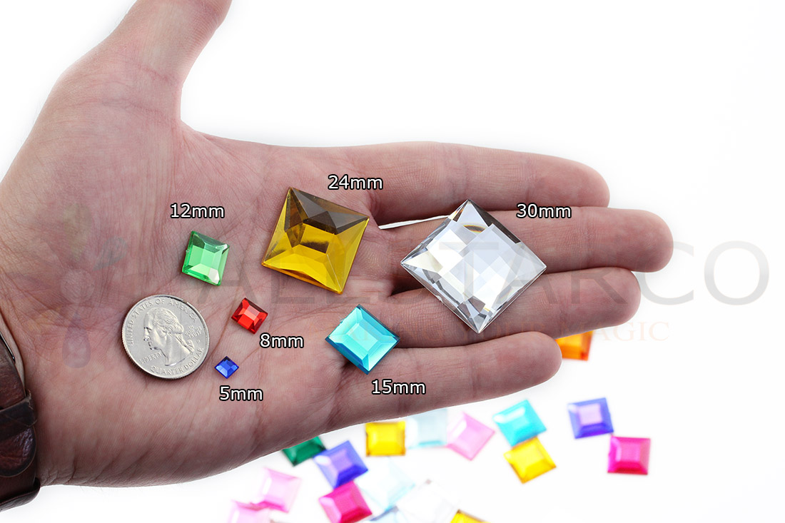 allstarco square acrylic gems on hand next to 25 cent quarter cosplay gems rhinestones