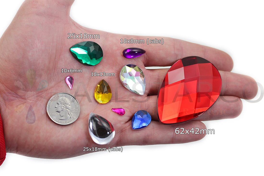 allstarco teardrop acrylic gems on hand next to 25 cent quarter cosplay gems rhinestones