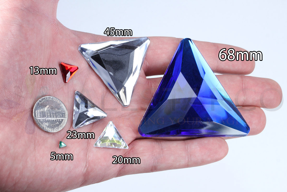 allstarco triangle acrylic gems on hand next to 25 cent quarter cosplay gems rhinestones