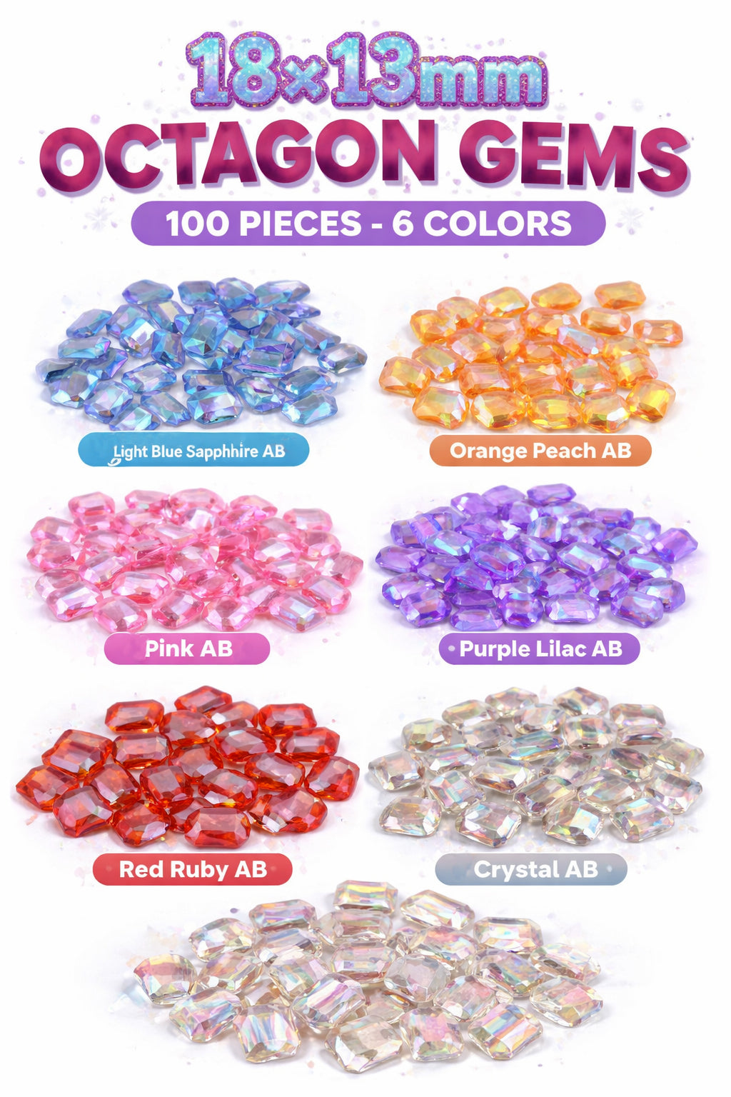 Light Blue AB Acrylic Octagon Shaped Diamonds - 13x18mm - 100 Pieces