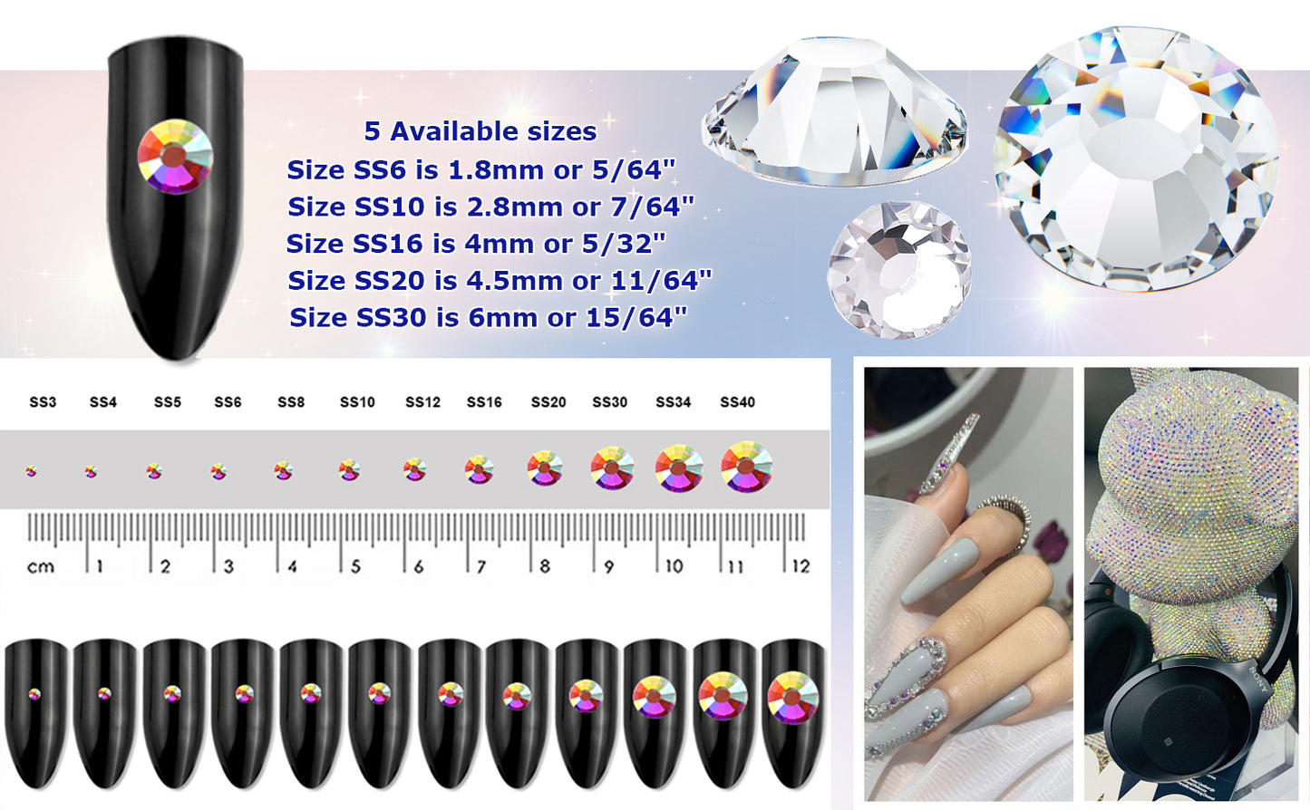 size chart hotfix rhinestones heat set glass gems iron on nail art jewels garment embellishments hot glue décor gems hot fix stones for diy crafts clothing design allstarco