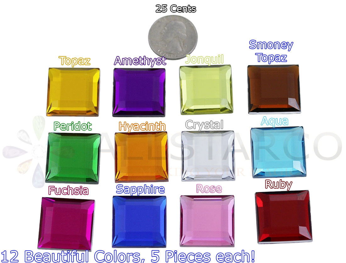 1 inch large 25mm assorted colors square flat back acrylic gems plastic rhinestones for craft gemstones body jewels face skin cabochons embellishments cosplay prop making jewelry making party diy crafts costume making scrapbooking high quality allstarco décor stones larp events film making