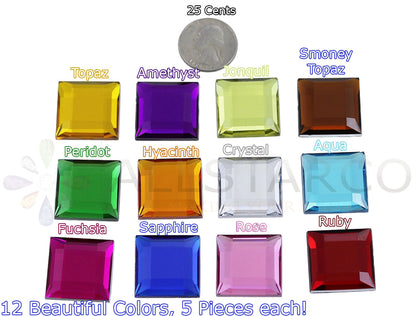1 inch large 25mm assorted colors square flat back acrylic gems plastic rhinestones for craft gemstones body jewels face skin cabochons embellishments cosplay prop making jewelry making party diy crafts costume making scrapbooking high quality allstarco décor stones larp events film making