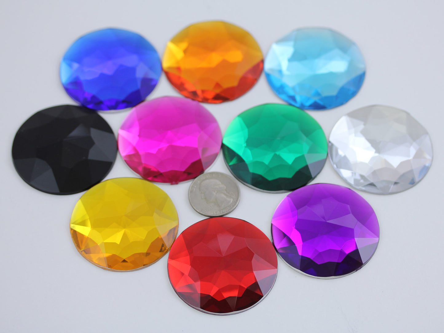 50mm (2 Inch) Round Acrylic Flat Back Rhinestones, Cosplay Gems – Assorted Colors (10 Unique Shades)