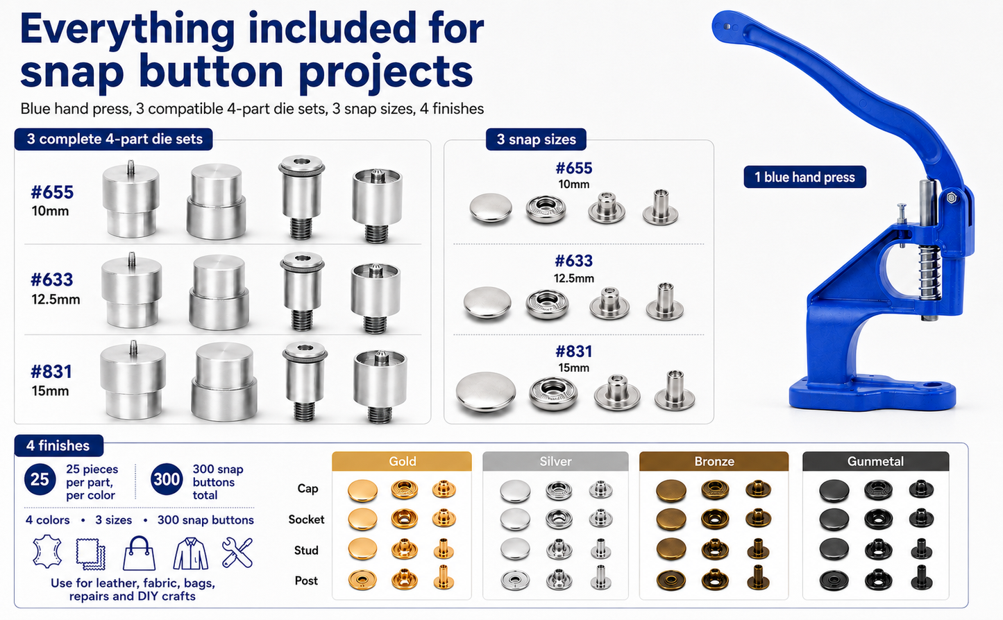 Snap Button Hand Press Kit, 300 Stainless Steel Snaps, 3 Die Sets, Gold Silver Bronze Gunmetal, 10mm 12.5mm 15mm eather Fabric Canvas Repair