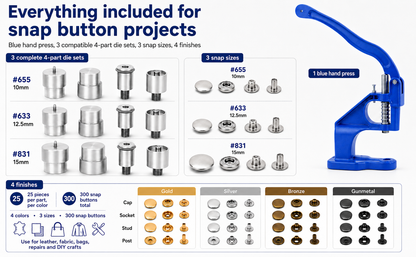 Snap Button Hand Press Kit, 300 Stainless Steel Snaps, 3 Die Sets, Gold Silver Bronze Gunmetal, 10mm 12.5mm 15mm eather Fabric Canvas Repair