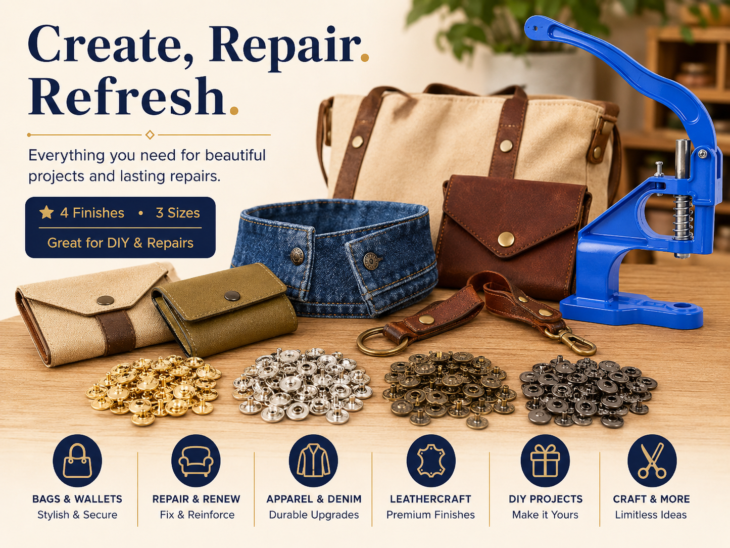 Snap Button Hand Press Kit, 300 Stainless Steel Snaps, 3 Die Sets, Gold Silver Bronze Gunmetal, 10mm 12.5mm 15mm eather Fabric Canvas Repair