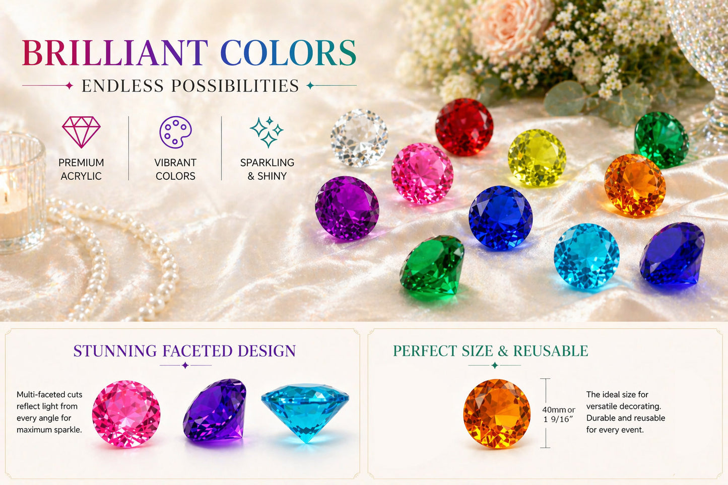 40mm Acrylic Diamond Gems -“ Large Colorful Vase Fillers (12 Pieces, 10 Colors)