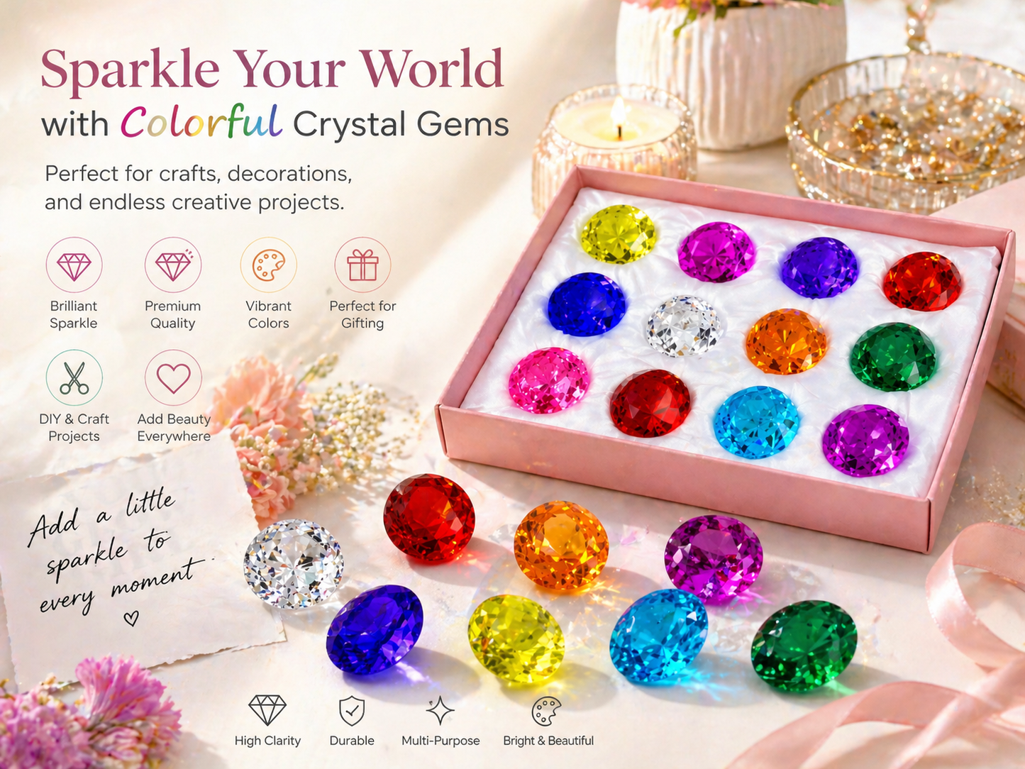 40mm Acrylic Diamond Gems -“ Large Colorful Vase Fillers (12 Pieces, 10 Colors)