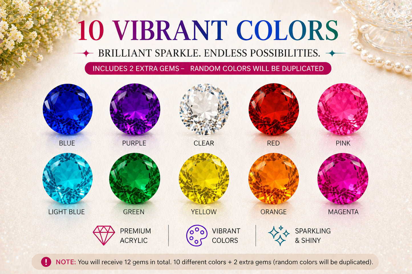 40mm Acrylic Diamond Gems -“ Large Colorful Vase Fillers (12 Pieces, 10 Colors)