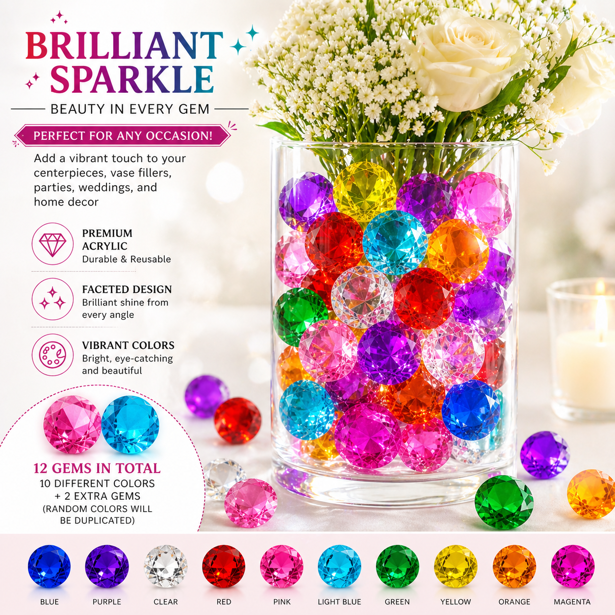 40mm Acrylic Diamond Gems -“ Large Colorful Vase Fillers (12 Pieces, 10 Colors)