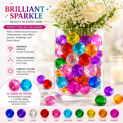 40mm Acrylic Diamond Gems -“ Large Colorful Vase Fillers (12 Pieces, 10 Colors)