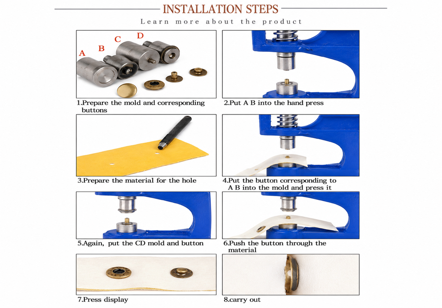 Snap Button Hand Press Kit, 300 Stainless Steel Snaps, 3 Die Sets, Gold Silver Bronze Gunmetal, 10mm 12.5mm 15mm eather Fabric Canvas Repair