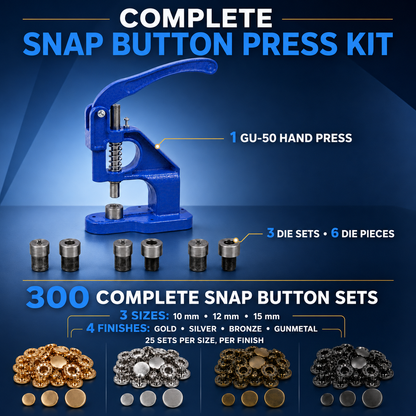 Snap Button Hand Press Kit, 300 Stainless Steel Snaps, 3 Die Sets, Gold Silver Bronze Gunmetal, 10mm 12.5mm 15mm eather Fabric Canvas Repair