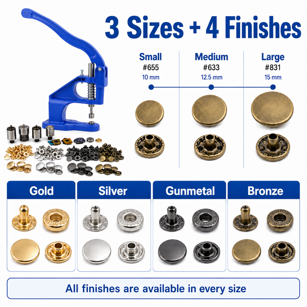 Snap Button Hand Press Kit, 300 Stainless Steel Snaps, 3 Die Sets, Gold Silver Bronze Gunmetal, 10mm 12.5mm 15mm eather Fabric Canvas Repair
