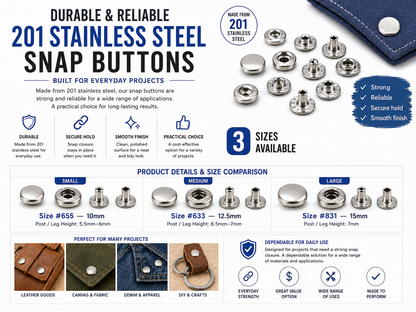 Snap Button Hand Press Kit, 300 Stainless Steel Snaps, 3 Die Sets, Gold Silver Bronze Gunmetal, 10mm 12.5mm 15mm eather Fabric Canvas Repair