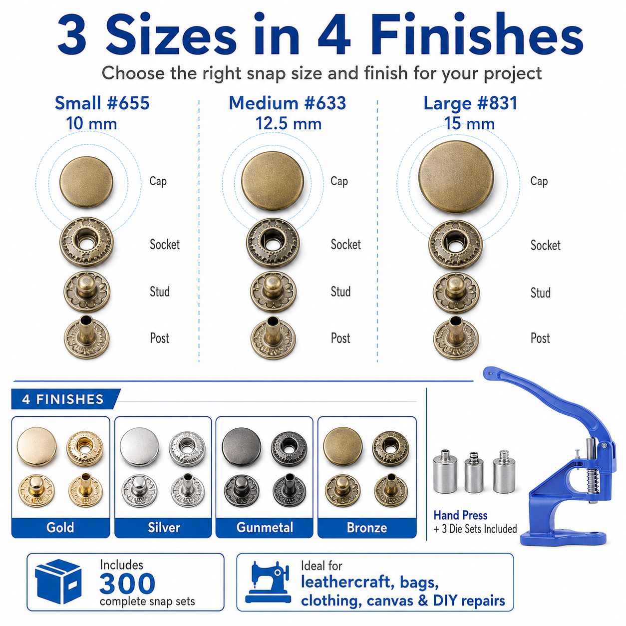 Snap Button Hand Press Kit, 300 Stainless Steel Snaps, 3 Die Sets, Gold Silver Bronze Gunmetal, 10mm 12.5mm 15mm eather Fabric Canvas Repair