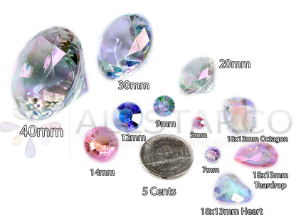 size reference acrylic diamonds wedding décor plastic gems confetti table scatter aquarium jewels stones iridescent party stones special occasions bridal showers sparkling decorations  vase fillers centerpieces dazzle accent floral arrangements point back gemstones allstarco