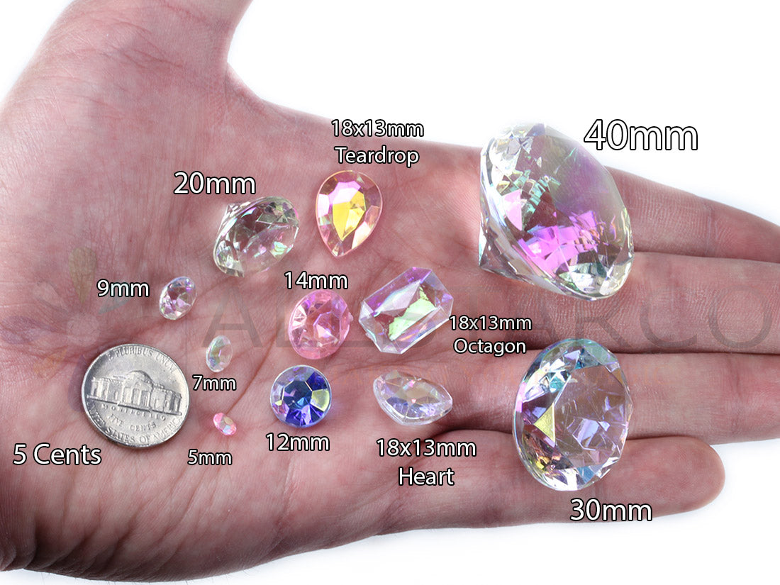 size reference acrylic diamonds wedding décor plastic gems confetti table scatter aquarium jewels stones iridescent party stones special occasions bridal showers sparkling decorations  vase fillers centerpieces dazzle accent floral arrangements point back gemstones allstarco