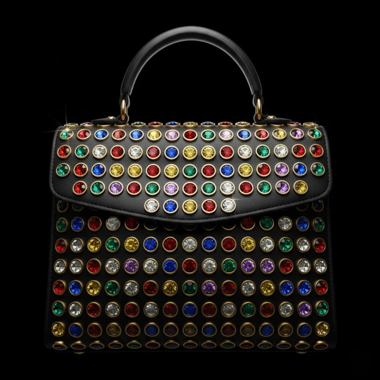 Black handbag with colorful gemstones on a black background