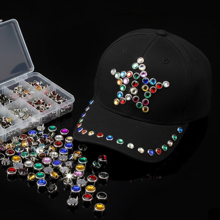 Bedazzler type rhinestones on baseball cap.