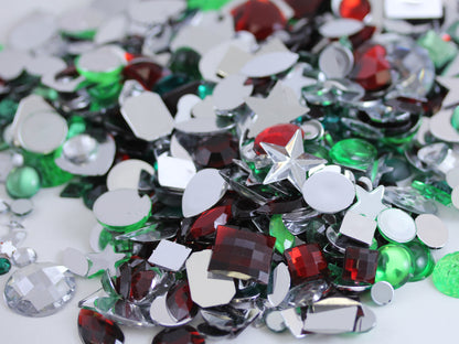Christmas Holiday Mix Red Green & Clear Flat Back Gems In Bulk