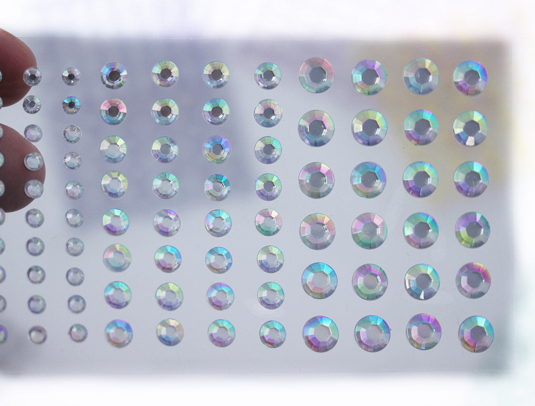crystal ab iridescent 3 sizes 4mm 6mm 8mm round sticky rhinestones stick on gems self adhesive jewels lead free  face stones party cosplay face gemstones rhinestones card making invitations body jewels skin phone craft embellishments with glue sparkle crafting scrapbooking diy peel and stick halloween birthday wedding shinny allstarco plastic sticky back jewels stickon stick-on rave jewels diy flat back