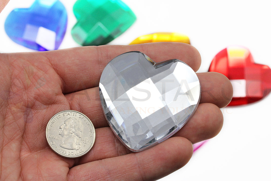 crystal clear extra large stick on heart gems plastic sticky jewels valentine's day love girlfriend boyfriend crafting mom dad family self adhesive rhinestones big gemstones huge stones acrylic cabochons for cosplay prop making steven universe diy craft furniture embellishments display merchandising windows décor walls theater decoration film making lead free with glue peel and stick stickon allstarco