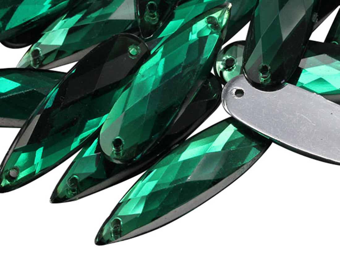 Gemas alargadas para coser en forma de lágrima de color verde esmeralda (28 x 8 mm), 30 unidades