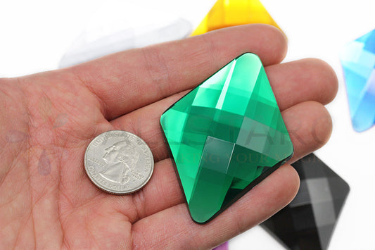 green emerald extra large stick on diamond gems plastic sticky rhombus jewels self adhesive rhinestones big gemstones huge stones acrylic cabochons for cosplay prop making steven universe diy craft furniture embellishments display merchandising windows décor walls theater decoration film making lead free with glue peel and stick stickon allstarco