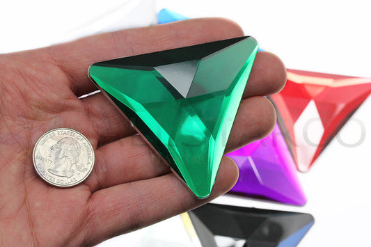 green emerald extra large stick on triangle gems plastic sticky jewels self adhesive rhinestones big gemstones huge stones acrylic cabochons for cosplay prop making steven universe diy craft furniture embellishments display merchandising windows décor walls theater decoration film making lead free with glue peel and stick stickon allstarco