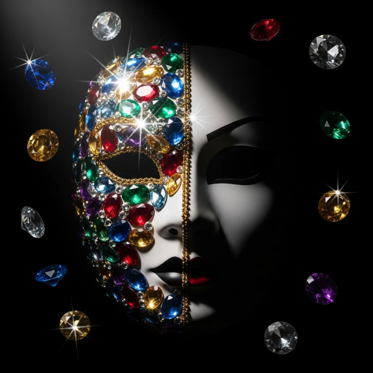 Colorful jeweled mask with diamonds on a black background