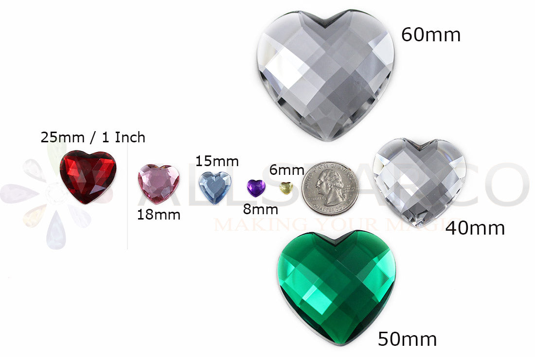 heart valentine's day love  size reference dimensions next to coin allstarco flat back sew on sewing beads craft gems plastic rhinestones acrylic gemstones jewels with holes for clothing embellishments costume making cosplay diy garment prop making dress jewels for fabric crystals 